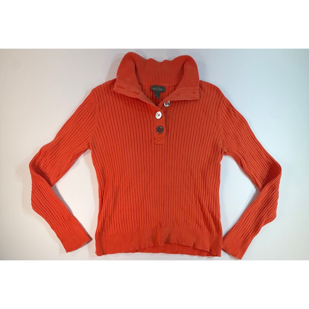 Lauren Ralph Lauren Orange Ribbed Knit Henley Sweater Mock Neck Womens Large L